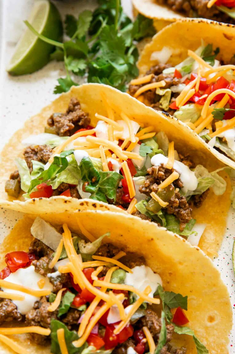 Angled photo of Easy Ground Beef Tacos.