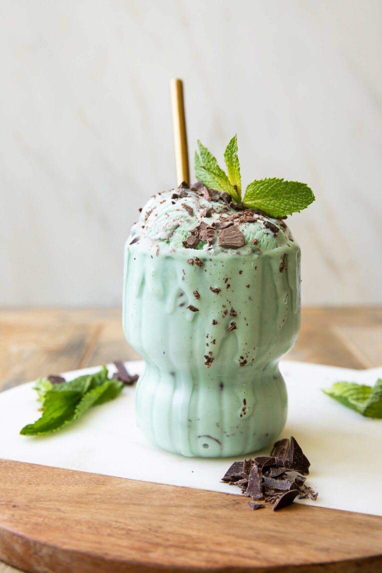 Healthy Mint Chocolate Chip Ice Cream in a parfait glass.