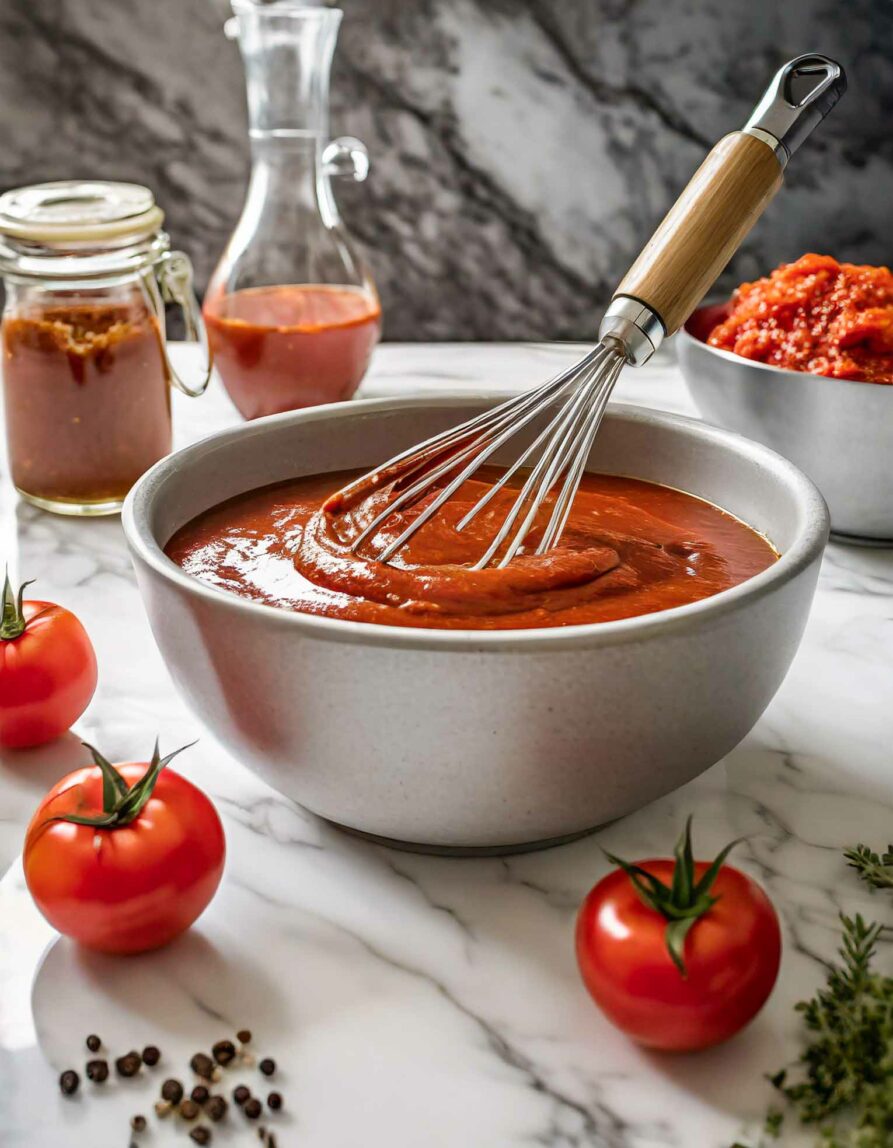 Homemade BBQ Sauce Recipe in a large mixing bowl being whisked together.