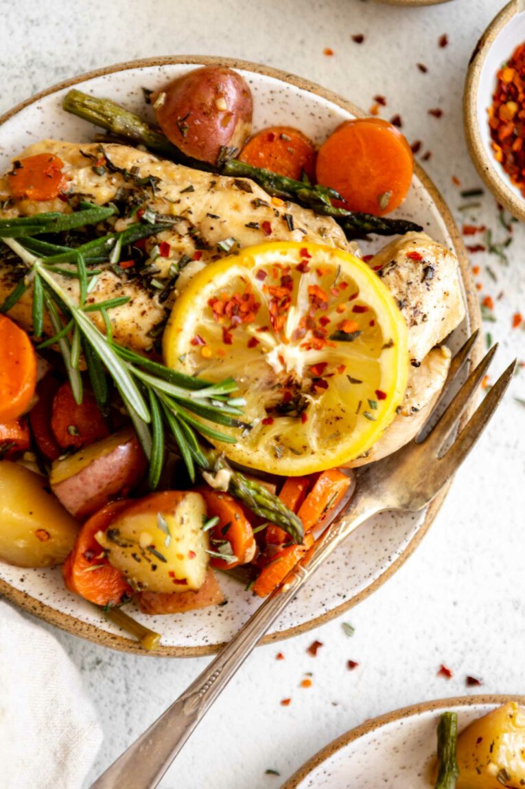 Plated One-Pan Honey Rosemary Chicken recipe.