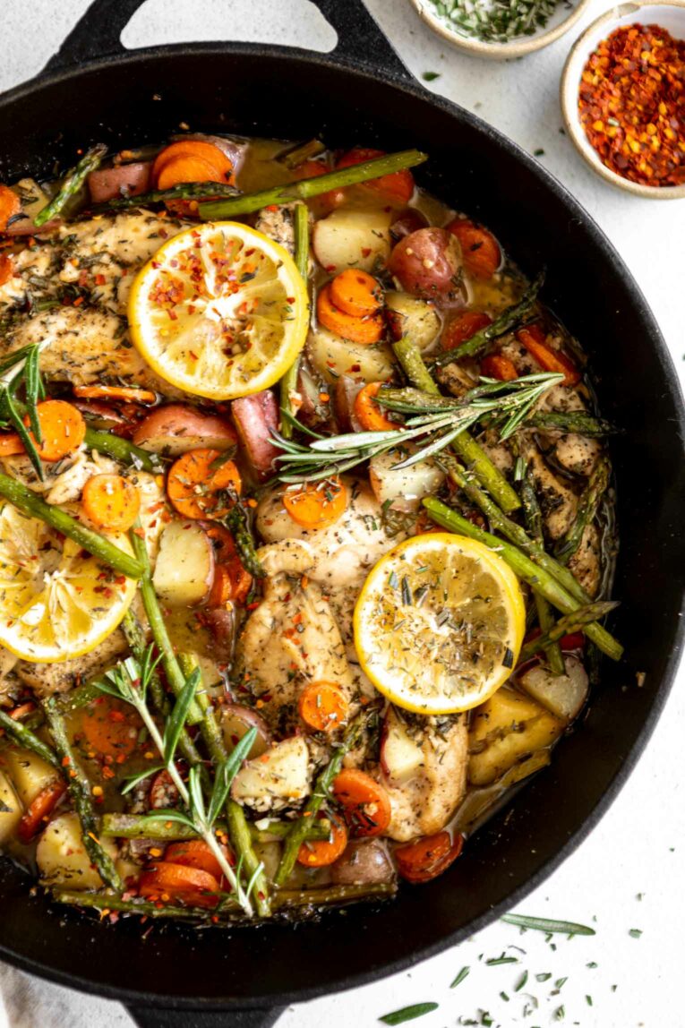 One-Pan Honey Rosemary Chicken in a cast iron skillet.