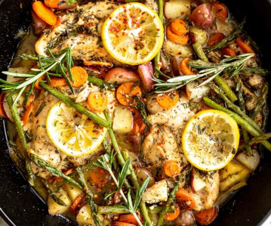 One-Pan Honey Rosemary Chicken recipe with veggies.