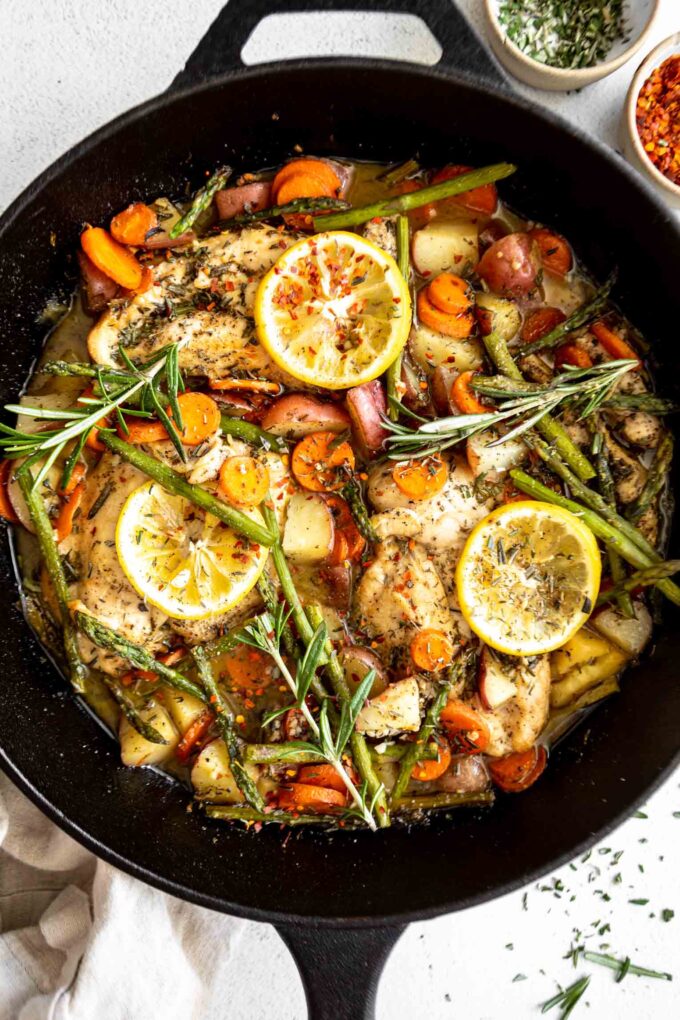 One-Pan Honey Rosemary Chicken recipe with veggies.