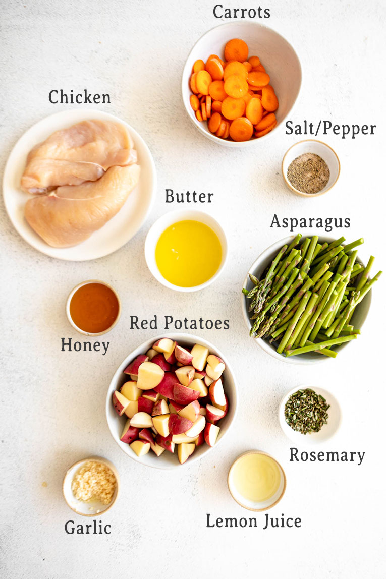 Ingredients for Honey Rosemary Chicken and veggies recipe.