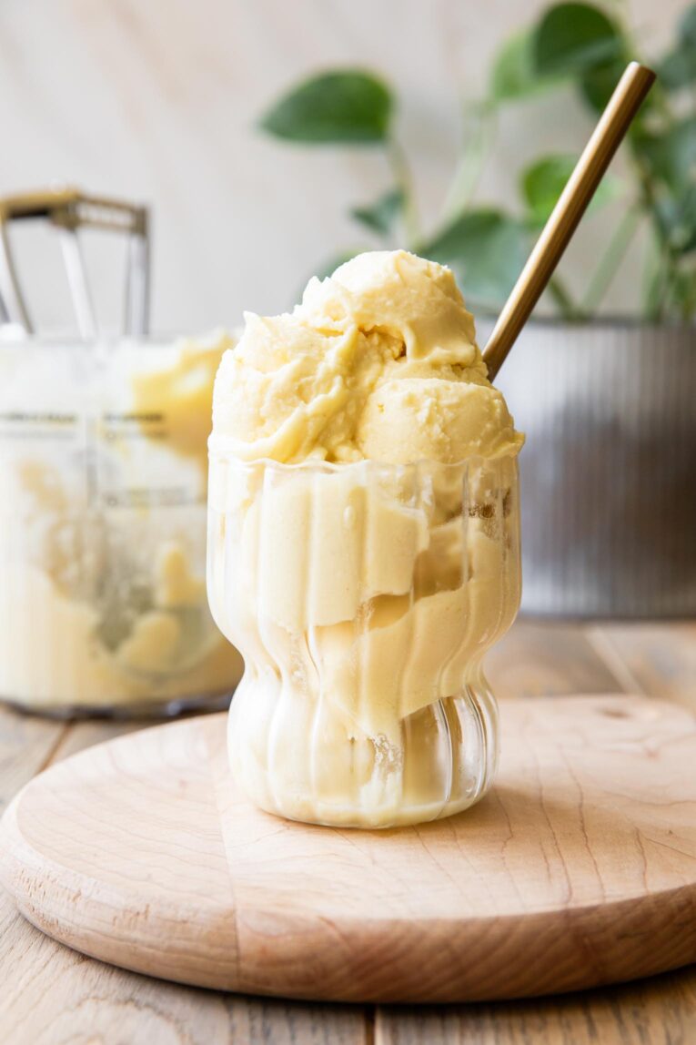 Dole whip scooped into a glass.