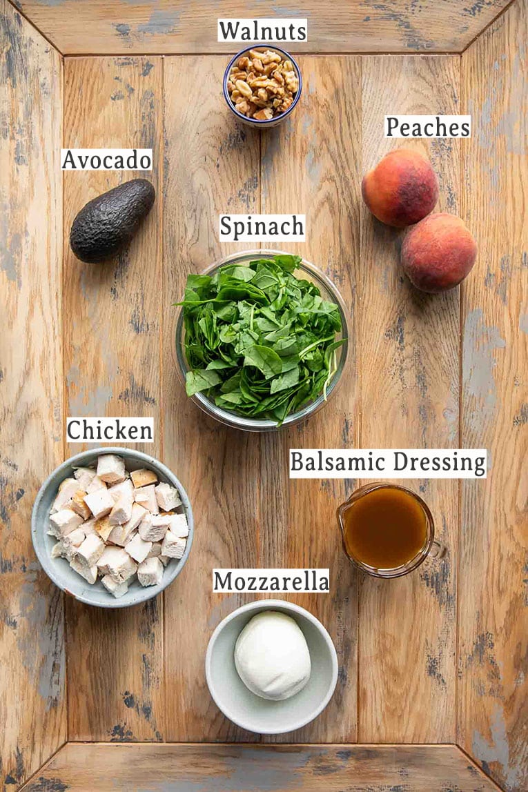 Ingredients for Peach Mozzarella Salad recipe.