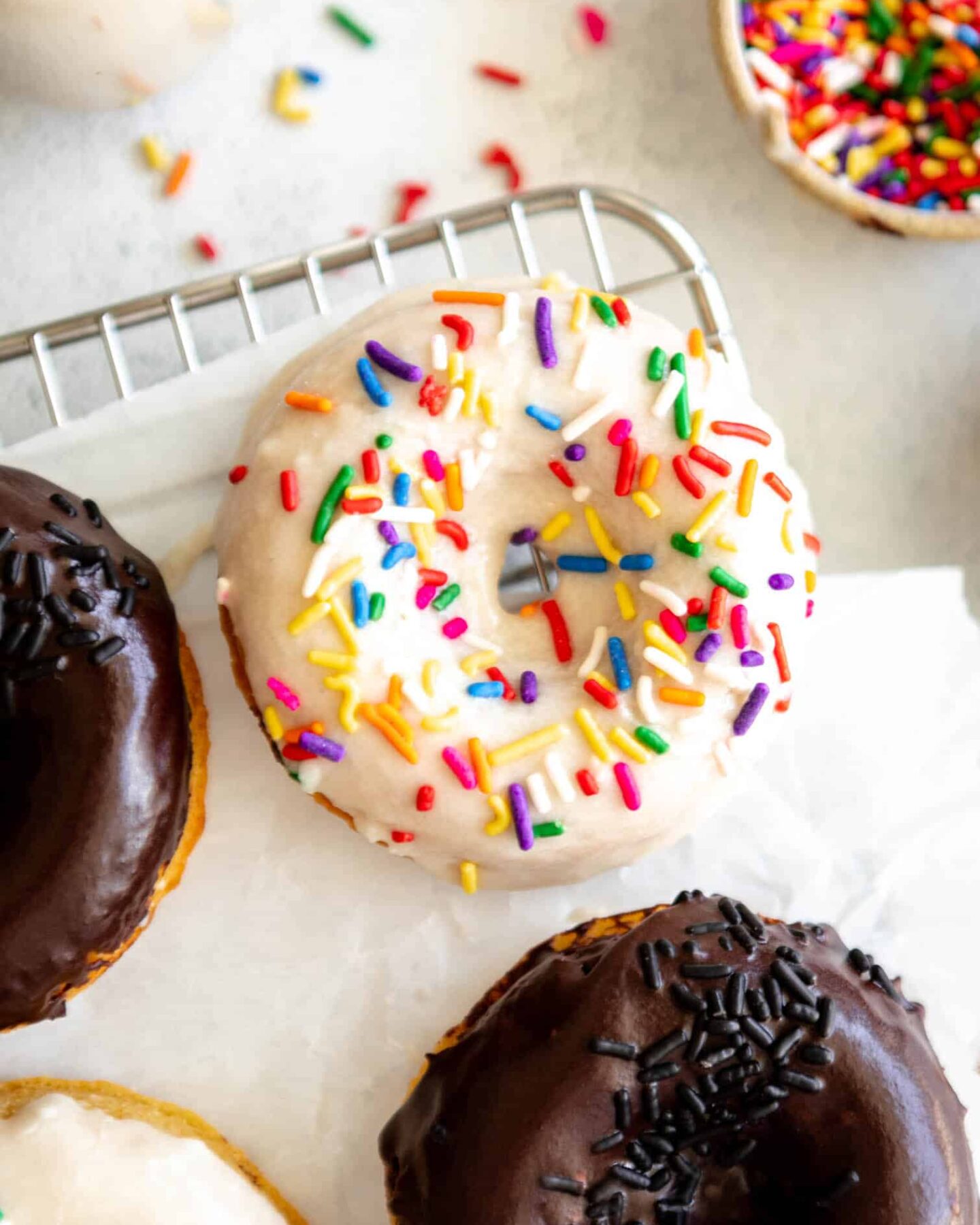 Top shot of Protein Donuts with sprinkles.