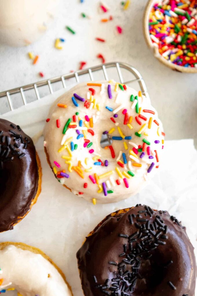 Top shot of Protein Donuts with sprinkles.