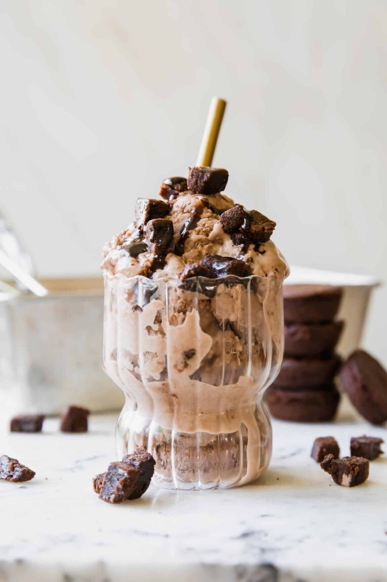 Brownie Ice Cream in a parfait glass.
