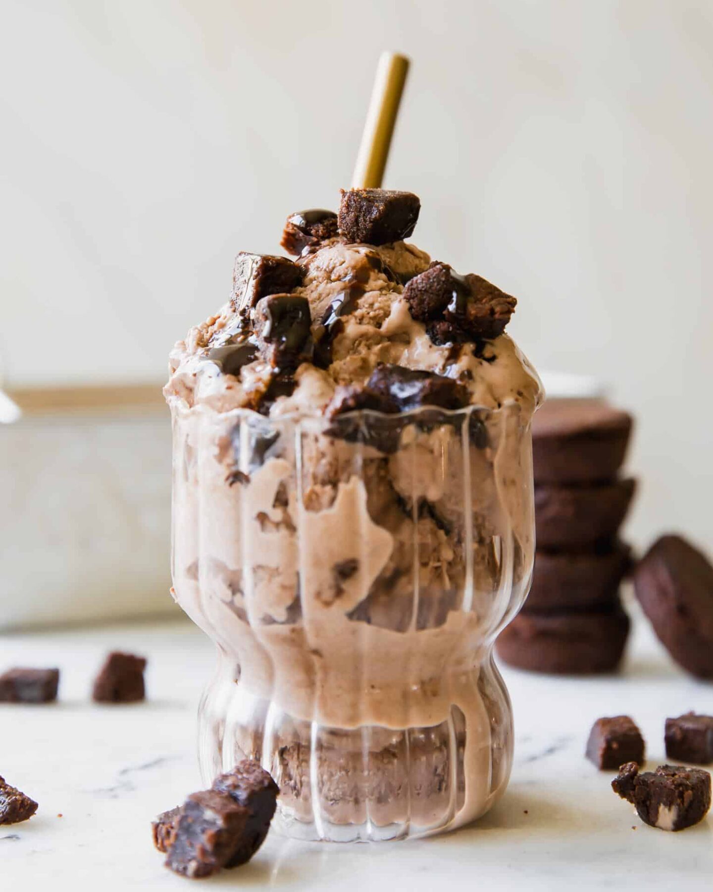 Brownie batter Ice Cream with chocolate brownie bites.