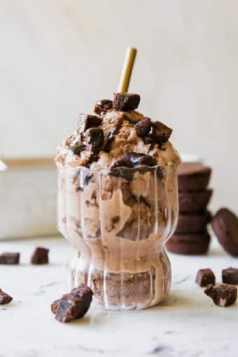 Brownie batter Ice Cream with chocolate brownie bites.