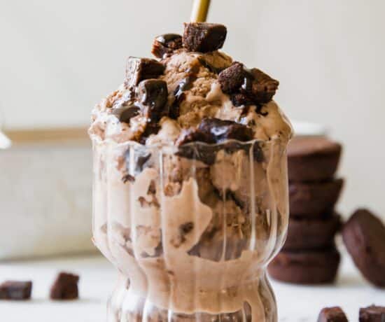 Brownie batter Ice Cream with chocolate brownie bites.