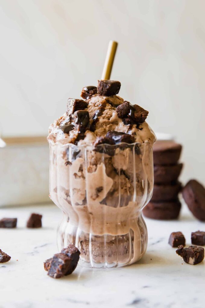 Brownie batter Ice Cream with chocolate brownie bites.