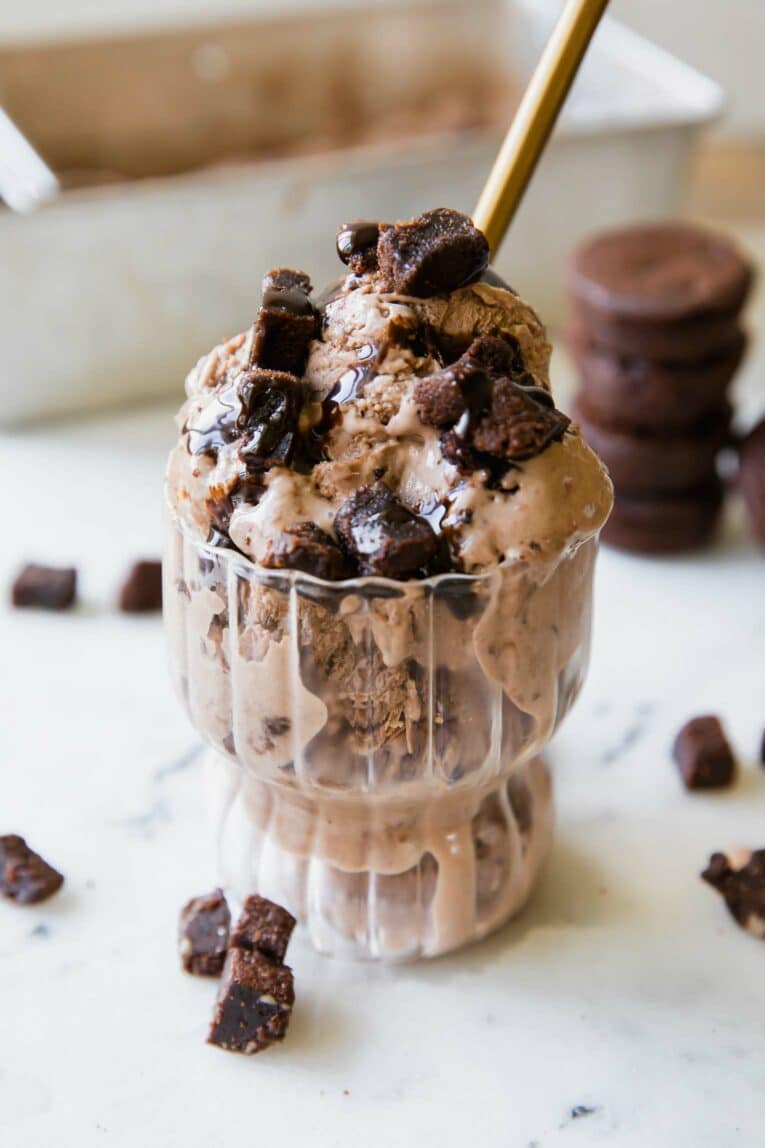 Angled photo of brownie batter ice cream recipe.