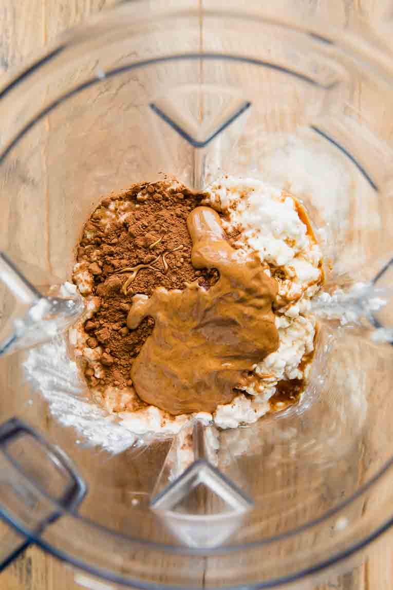Ingredients for Brownie Ice Cream in a blender.