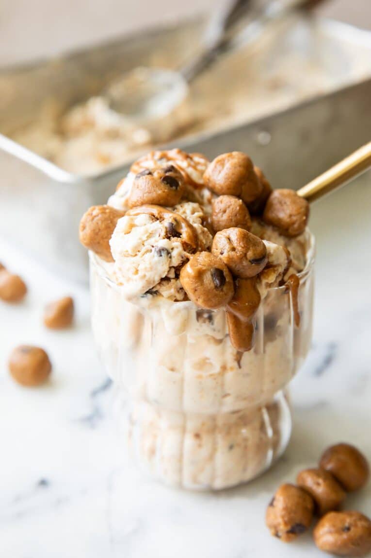 Close up of Cookie Dough Ice Cream with cookie dough balls and almond butter.