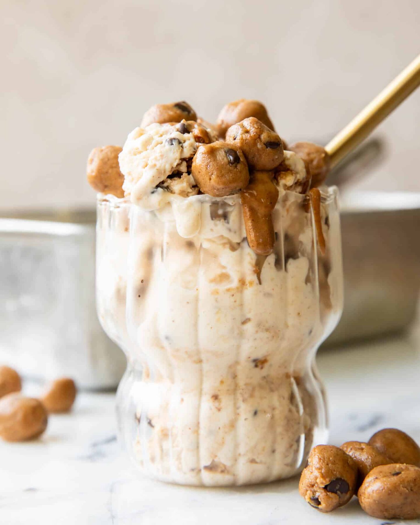 Across photo of Cookie Dough Ice Cream with cookie dough bits.