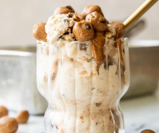 Across photo of Cookie Dough Ice Cream with cookie dough bits.