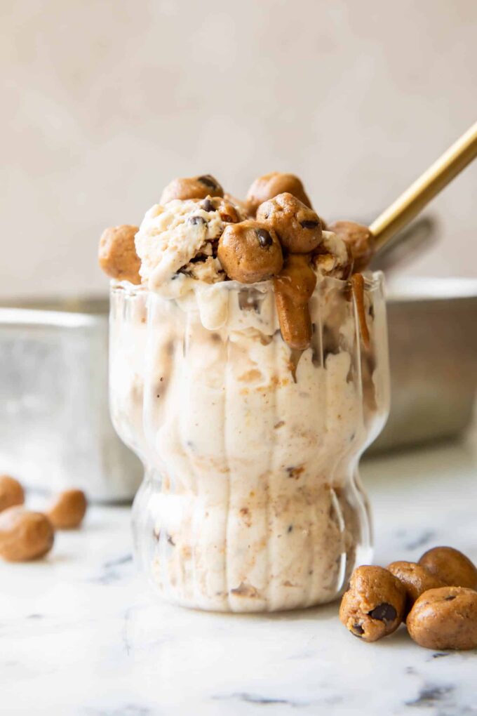 Across photo of Cookie Dough Ice Cream with cookie dough bits.