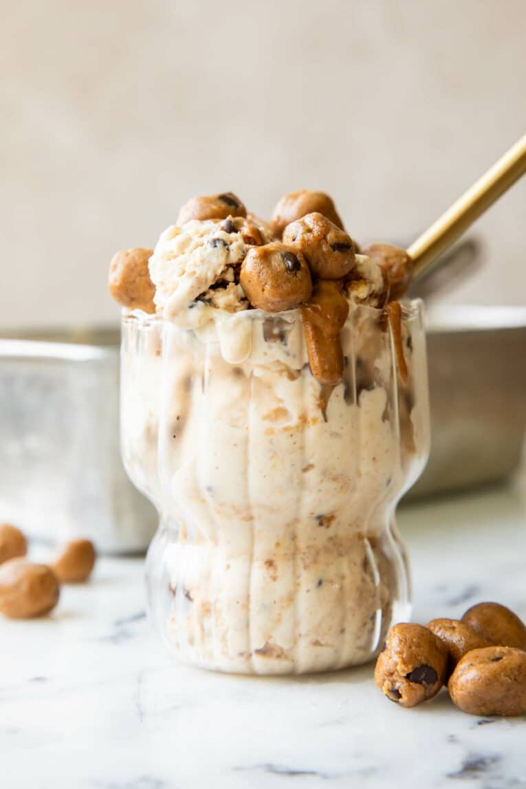 Across photo of Cookie Dough Ice Cream with cookie dough bits.