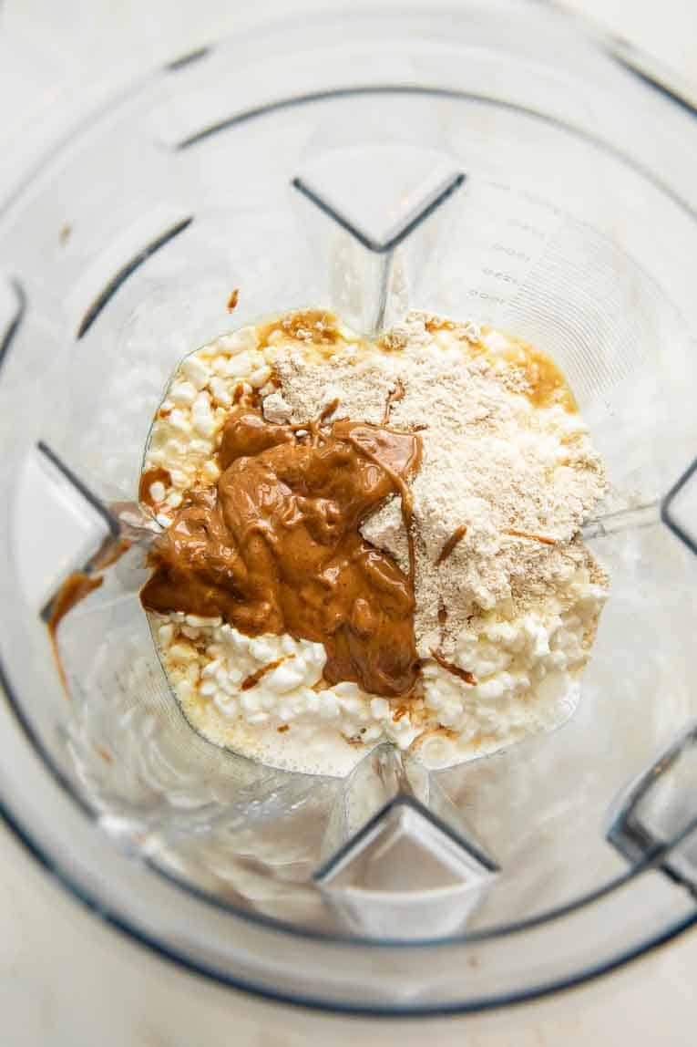 Ingredients for Cookie Dough Ice Cream in a blender.