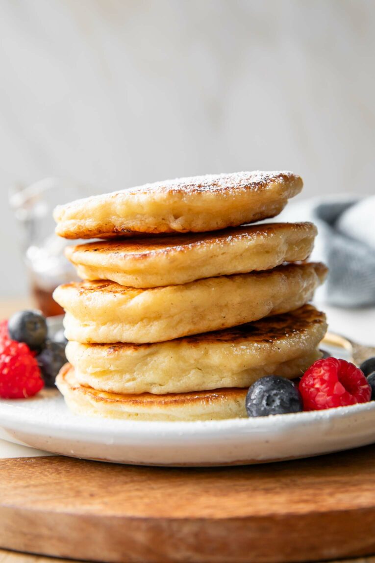 Close up of stacked Cottage Cheese Pancakes.