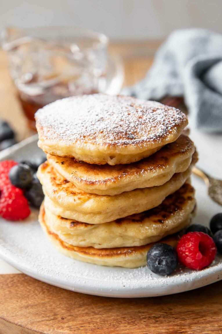 Angled photo of Cottage Cheese Pancakes.
