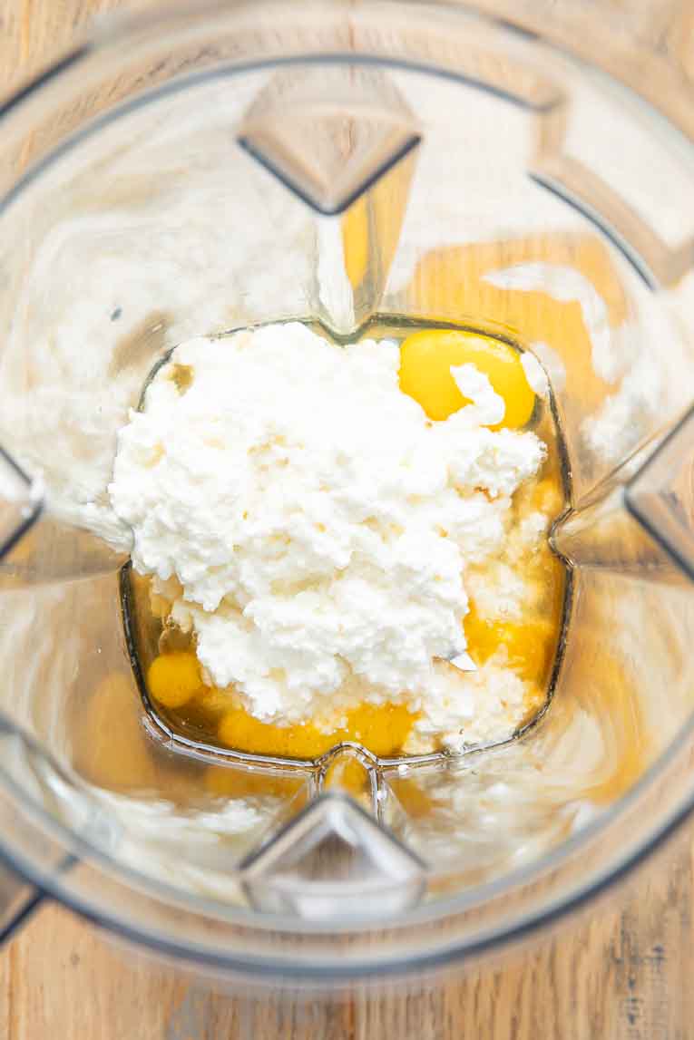 Ingredients for Cottage Cheese Pancakes in a blender.