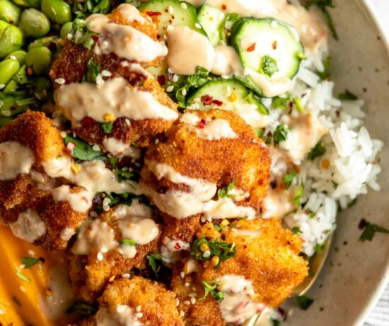 Top shot close up of Fried Shrimp Bowl with rice and veggies.