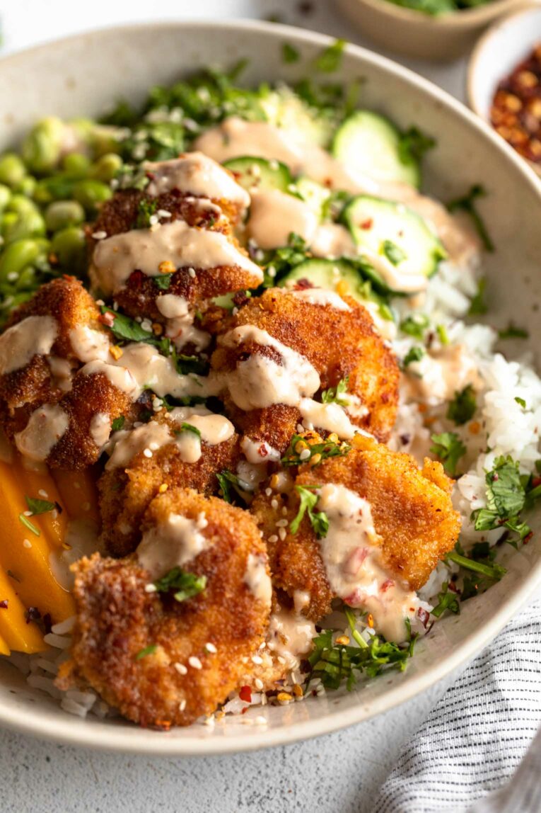 Angled photo of Fried Shrimp Bowls recipe.