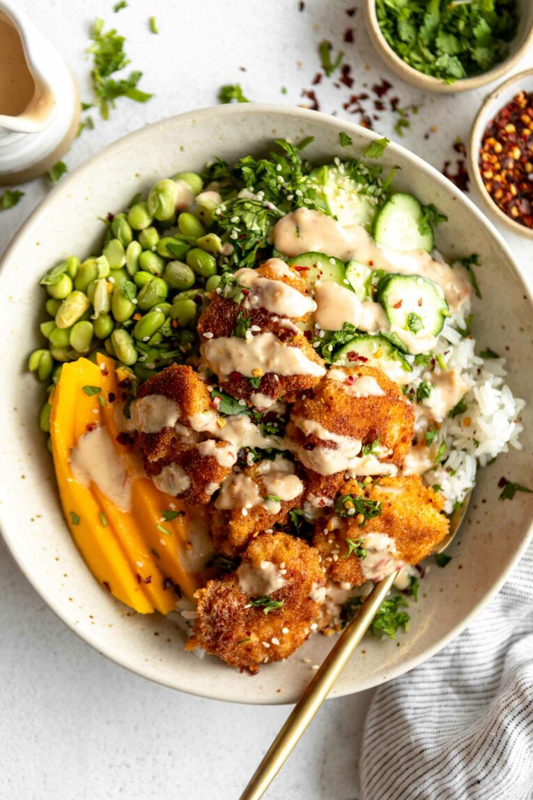 Top shot of Fried Shrimp Bowls recipe.