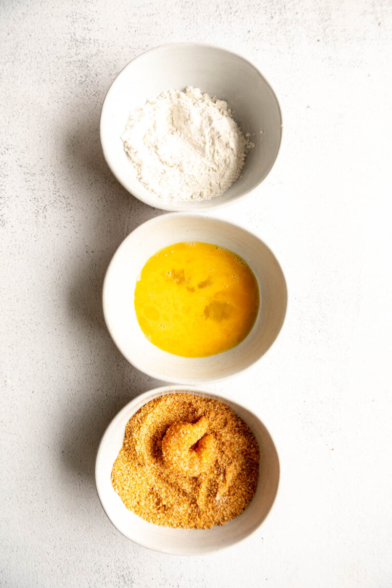 3 bowls for dipping shrimp before frying.