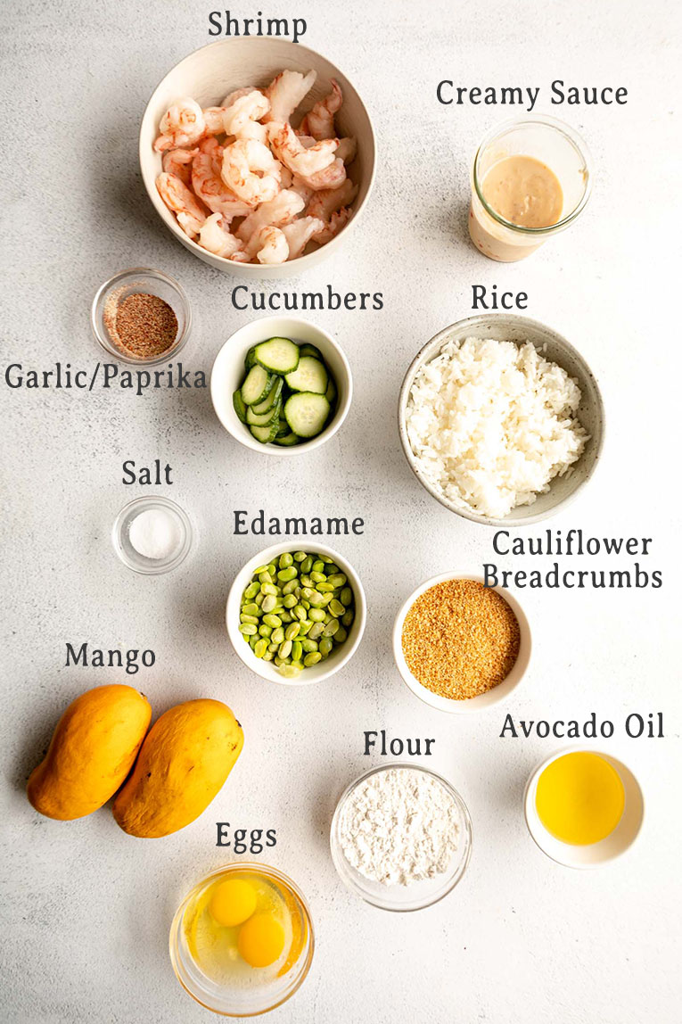 Ingredients for Fried Shrimp Bowls recipe.