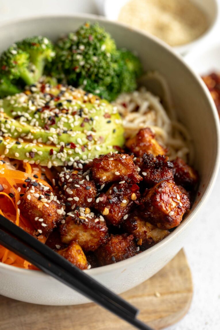 Angled photo of Fried Tofu recipe in a bowl.