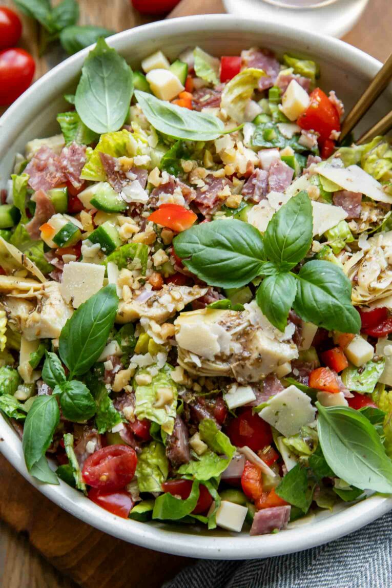 Close up of chopped salad recipe.