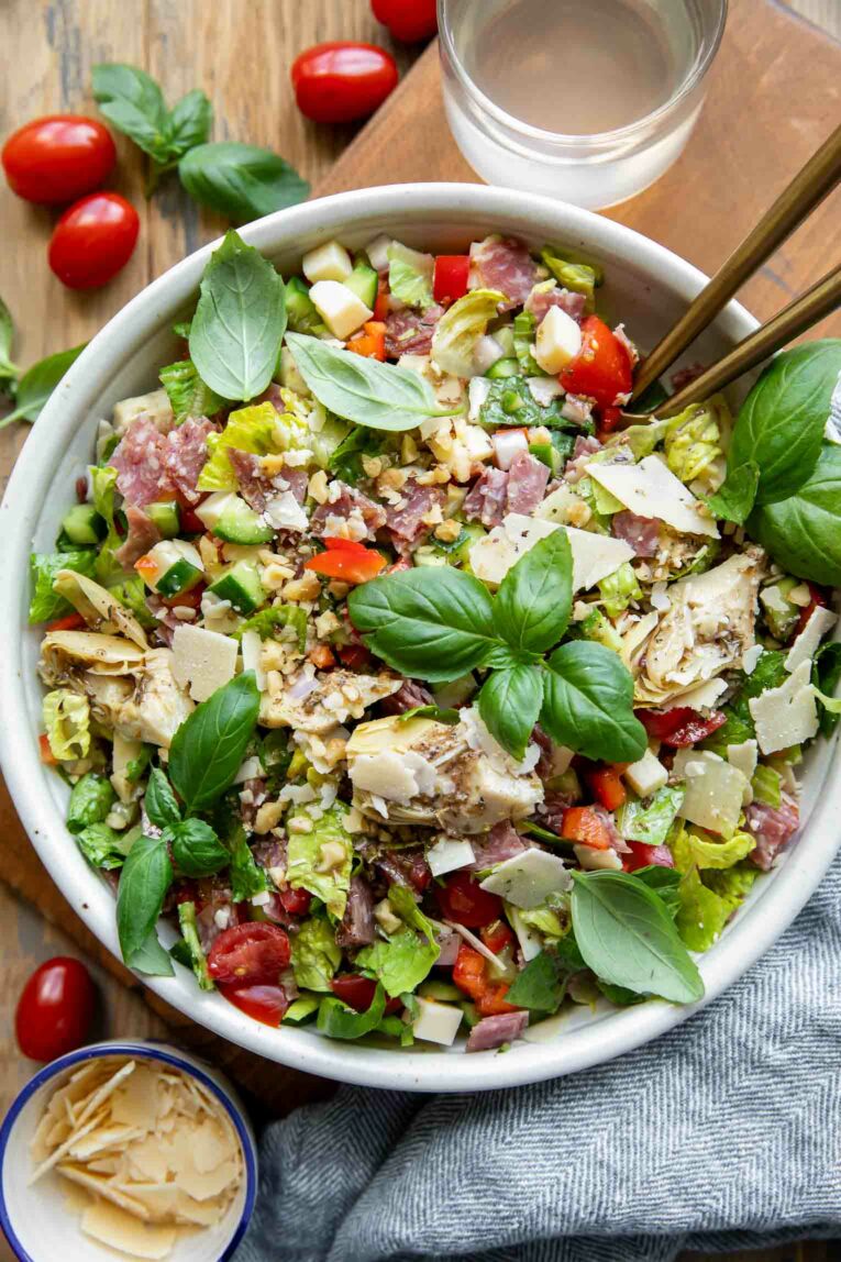 Top shot photo of Italian Chopped Salad with basil and tomatoes.
