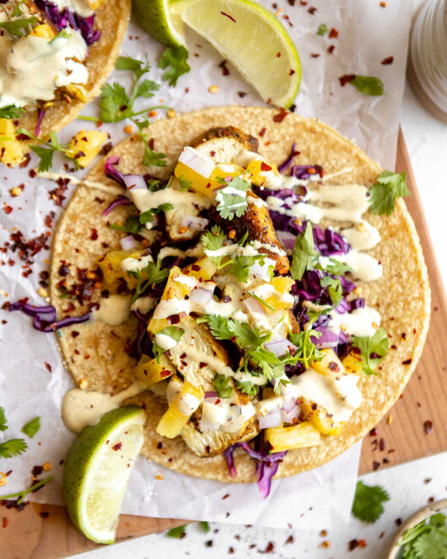 Jerk Chicken Tacos with lime and pineapple salsa.
