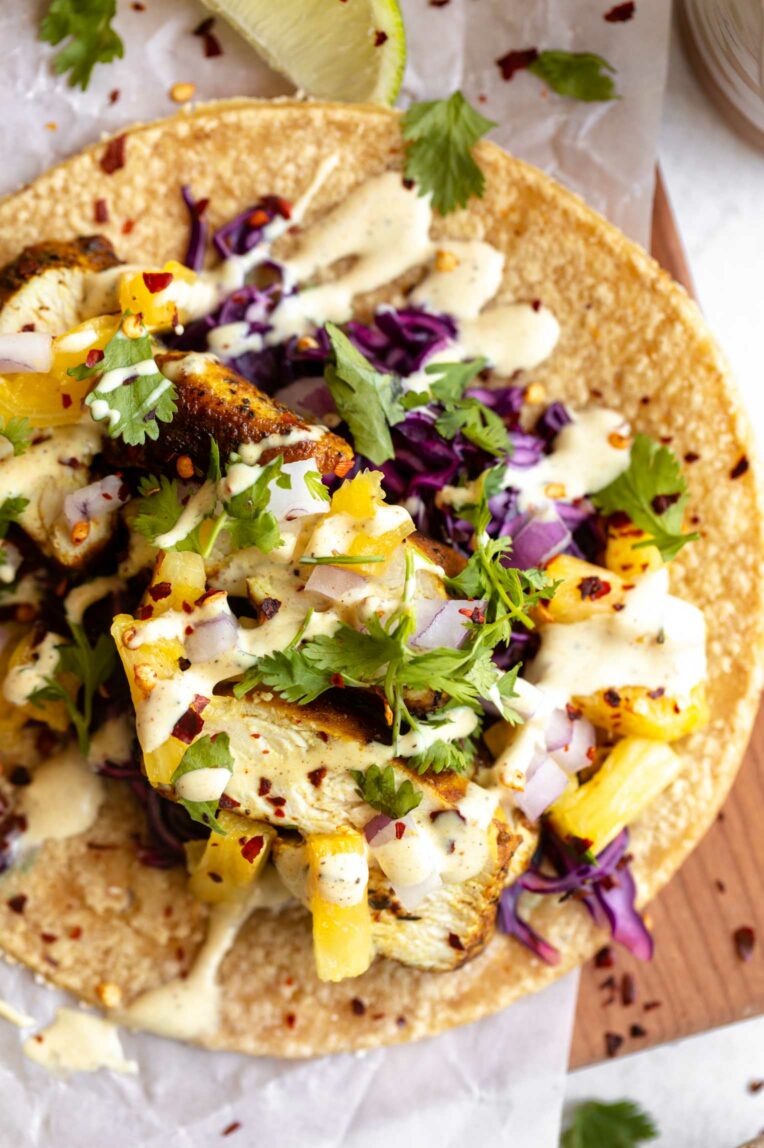Top shot of Jerk Chicken Taco recipe.