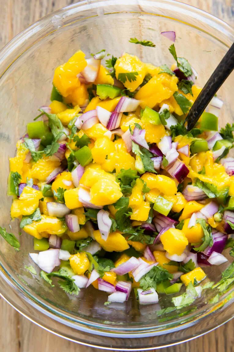Top shot of Mango Salsa in a salad bowl.