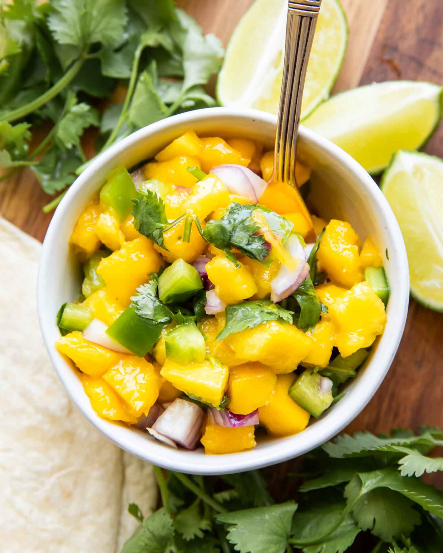 Styled Mango Salsa Recipe in a small bowl with a spoon.