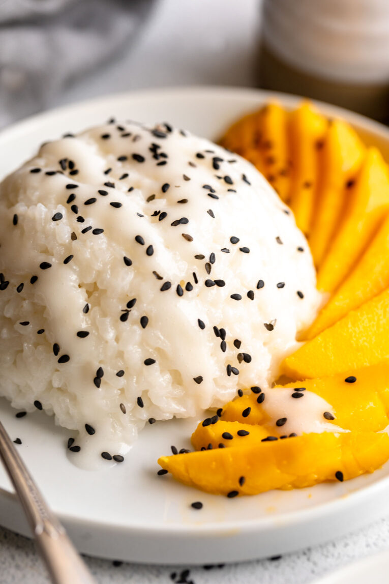 Angled close up of Mango Sticky Rice.