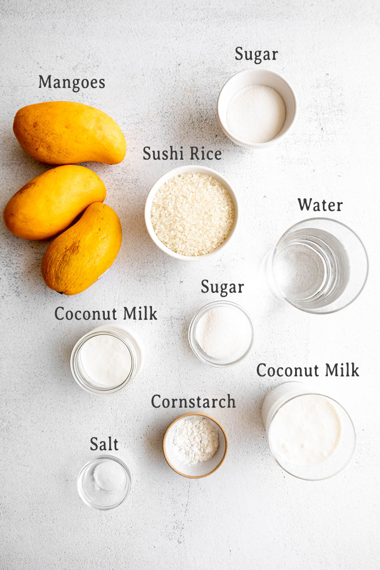 Ingredients for easy Mango Sticky Rice recipe.
