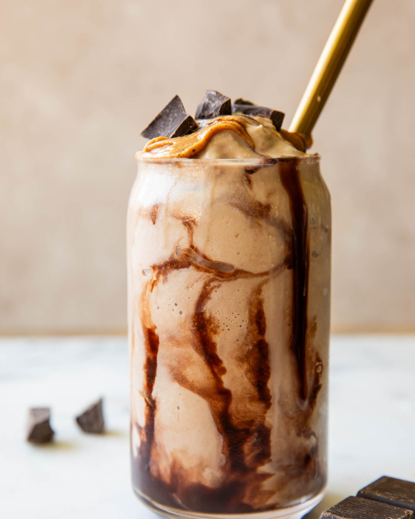 Close up of protein milkshake recipe in a glass.