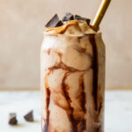 Close up of protein milkshake recipe in a glass.