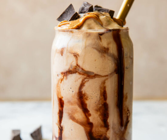 Close up of protein milkshake recipe in a glass.