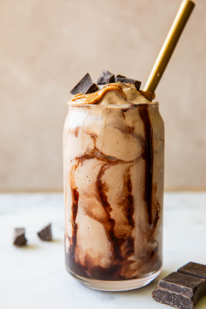 Close up of protein milkshake recipe in a glass.