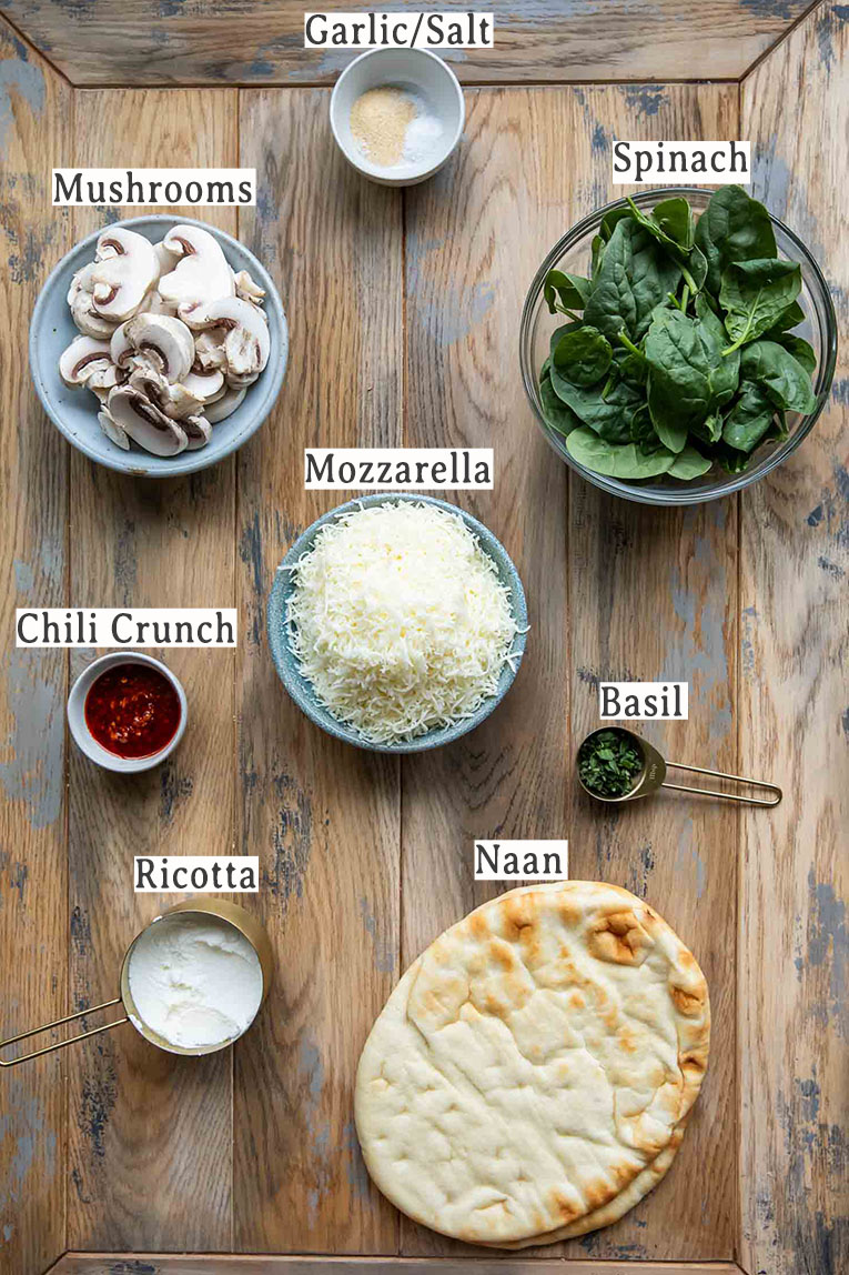 Spinach & Mushroom Naan Pizza recipe ingredients.