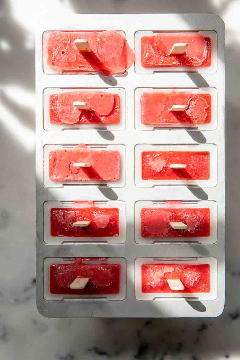 Top shot of Strawberry Chia Seed Popsicles in popsicle mold.