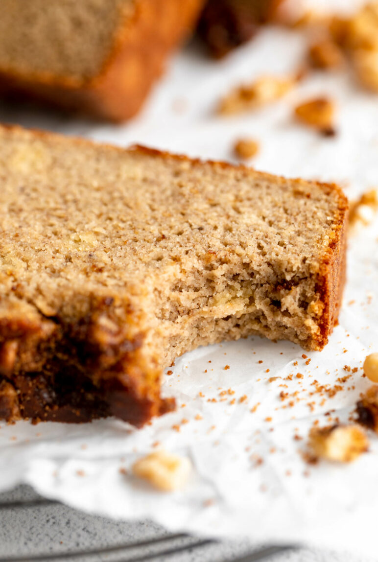 Almond Flour Banana Bread slice with bite taken out.