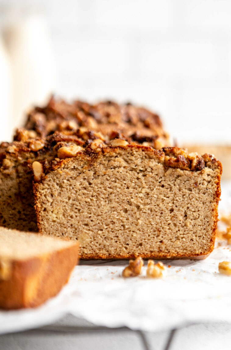 Across photo of Almond Flour Banana Bread slices.